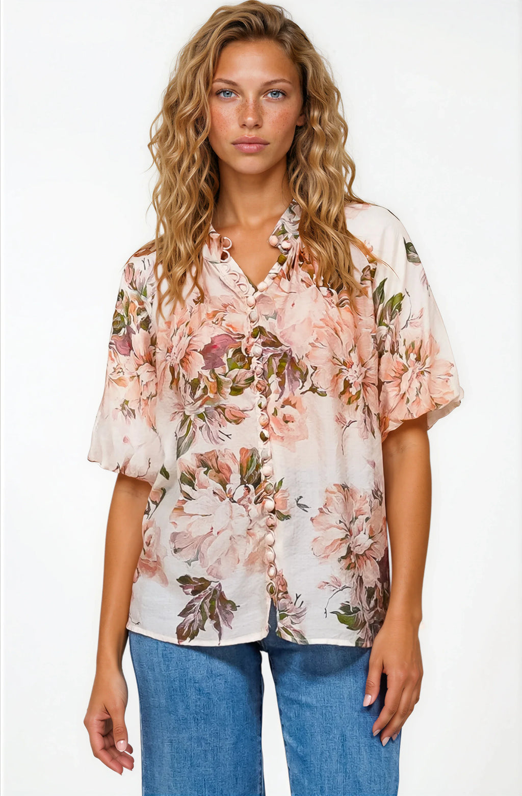 Natalia Blouse - Button Down Mandarin Collar Shirt in Kirah Print Peach