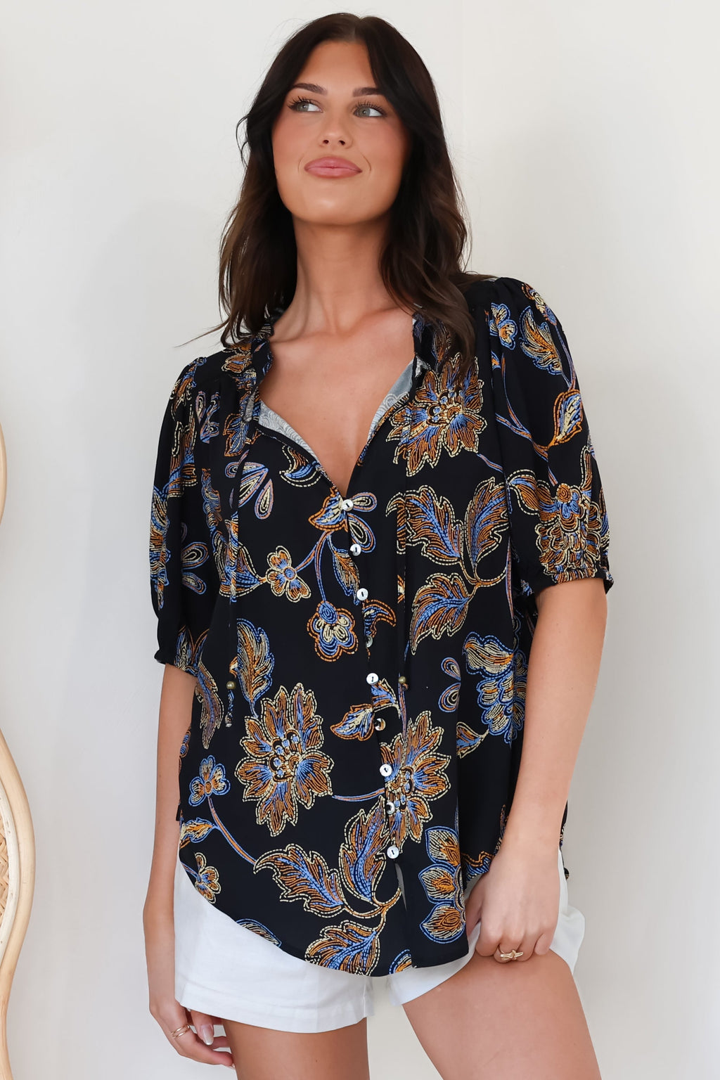Neo Blouse - High Frill Collar Button Down Shirt in Enchanted Ink Print