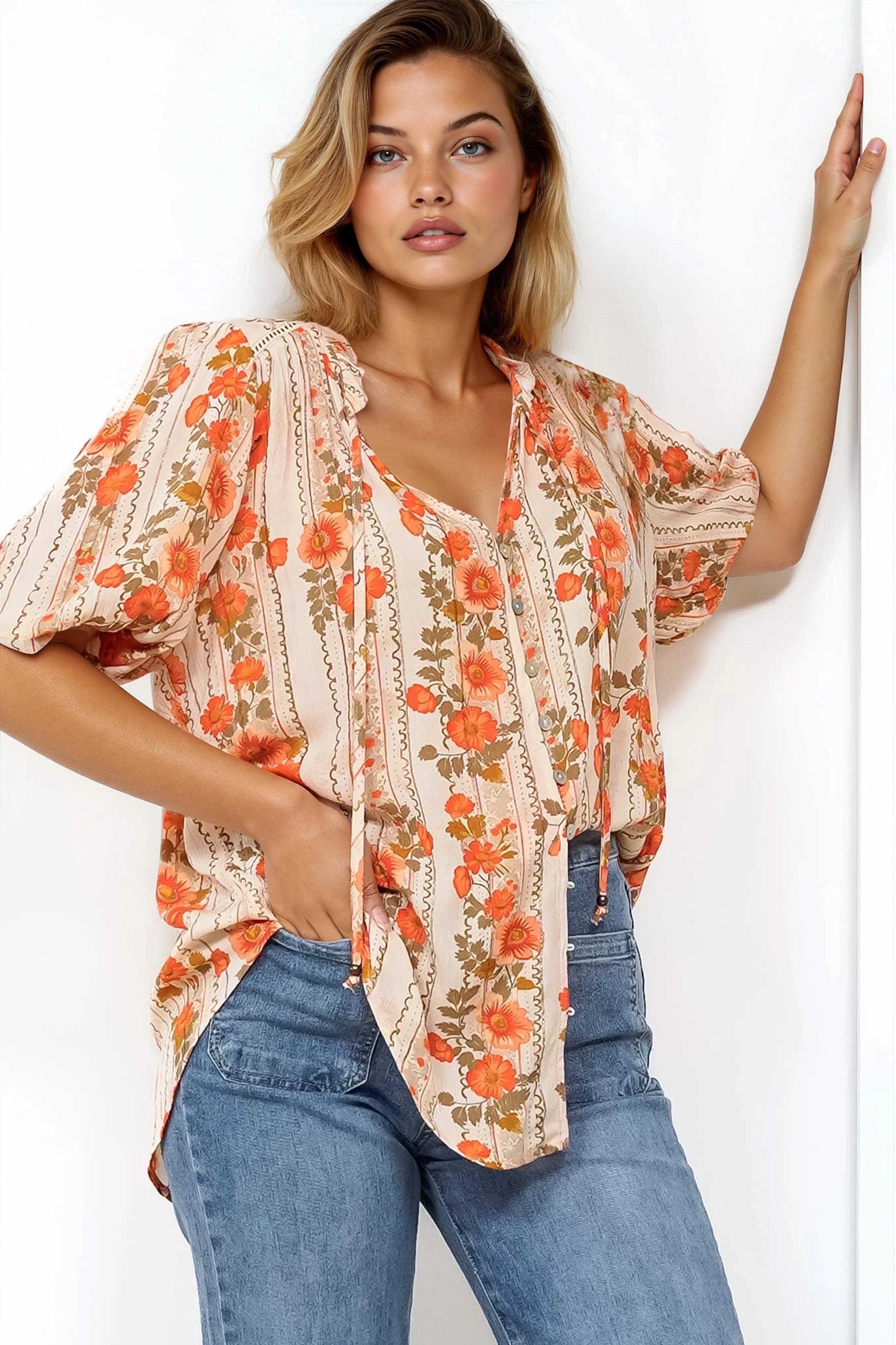 Neo Blouse - High Frill Collar Button Down Shirt in Vondrosa Print