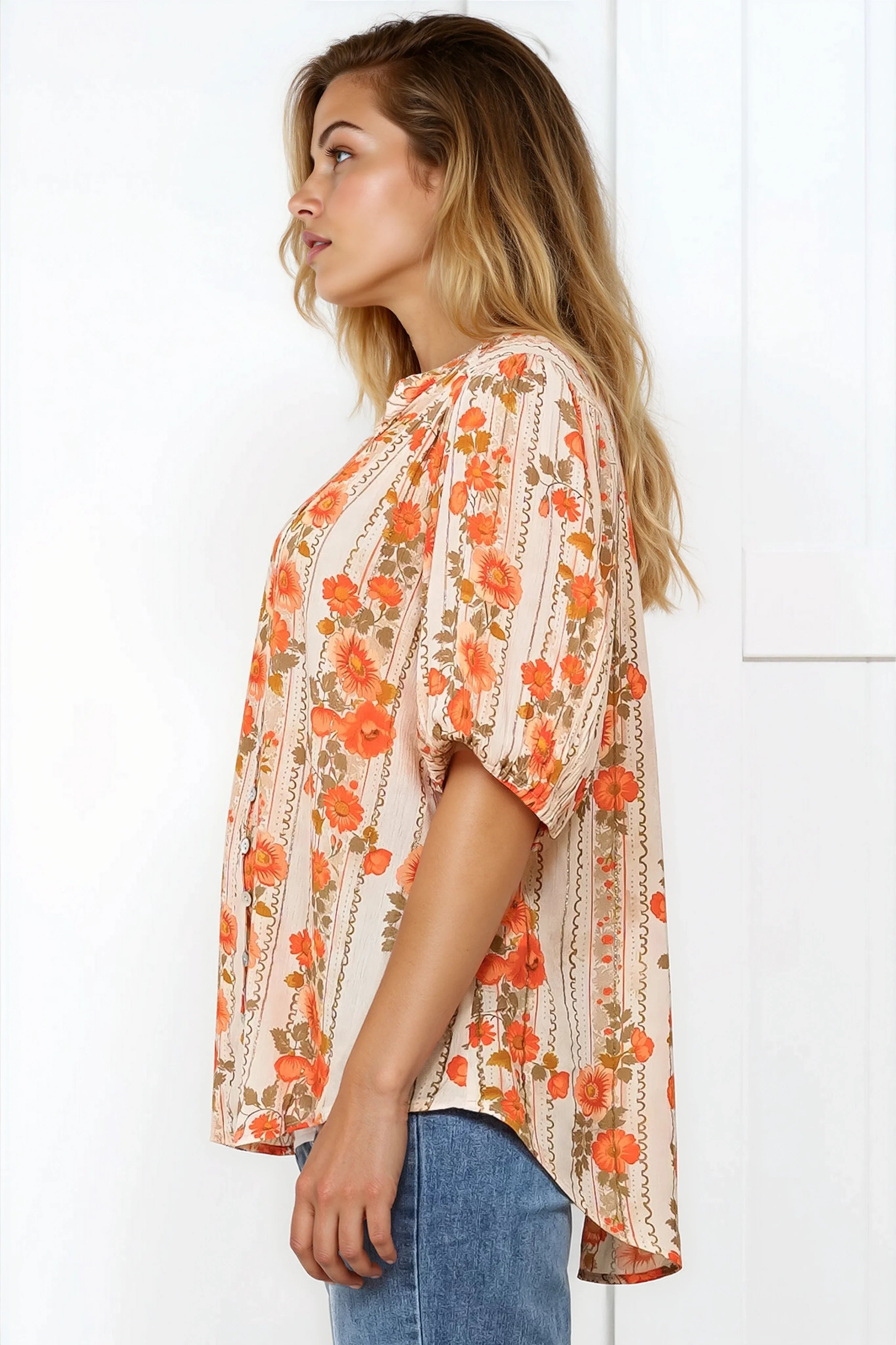 Neo Blouse - High Frill Collar Button Down Shirt in Vondrosa Print
