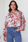 Portia Blouse - Button Down Mandarin Collar Shirt in Windward Print