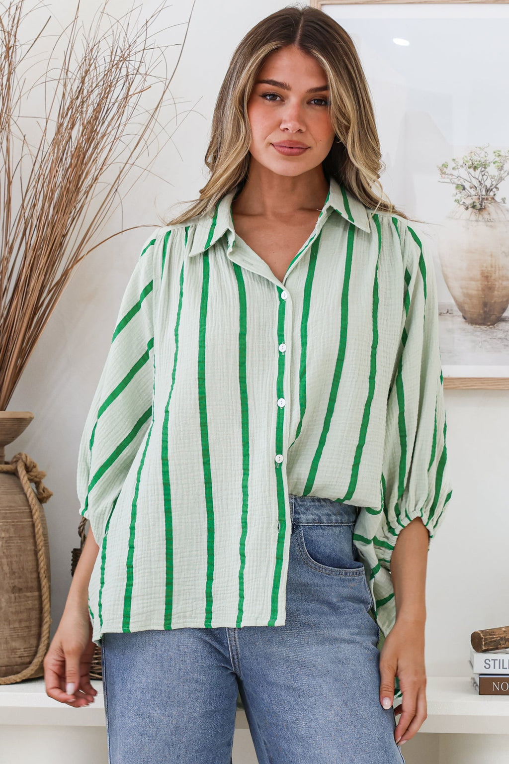Samsara Shirt - Collared Oversized Button Down with Balloon Sleeves in Green Stripe