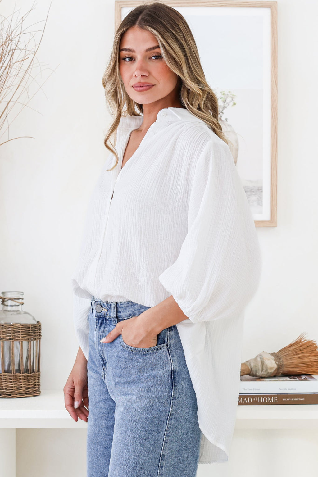 Samsara Shirt - Collared Oversized Button Down with Balloon Sleeves in White