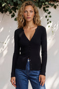 Tori Knit Top - Buttoned Down Long Sleeve Ribbed Knit in Black