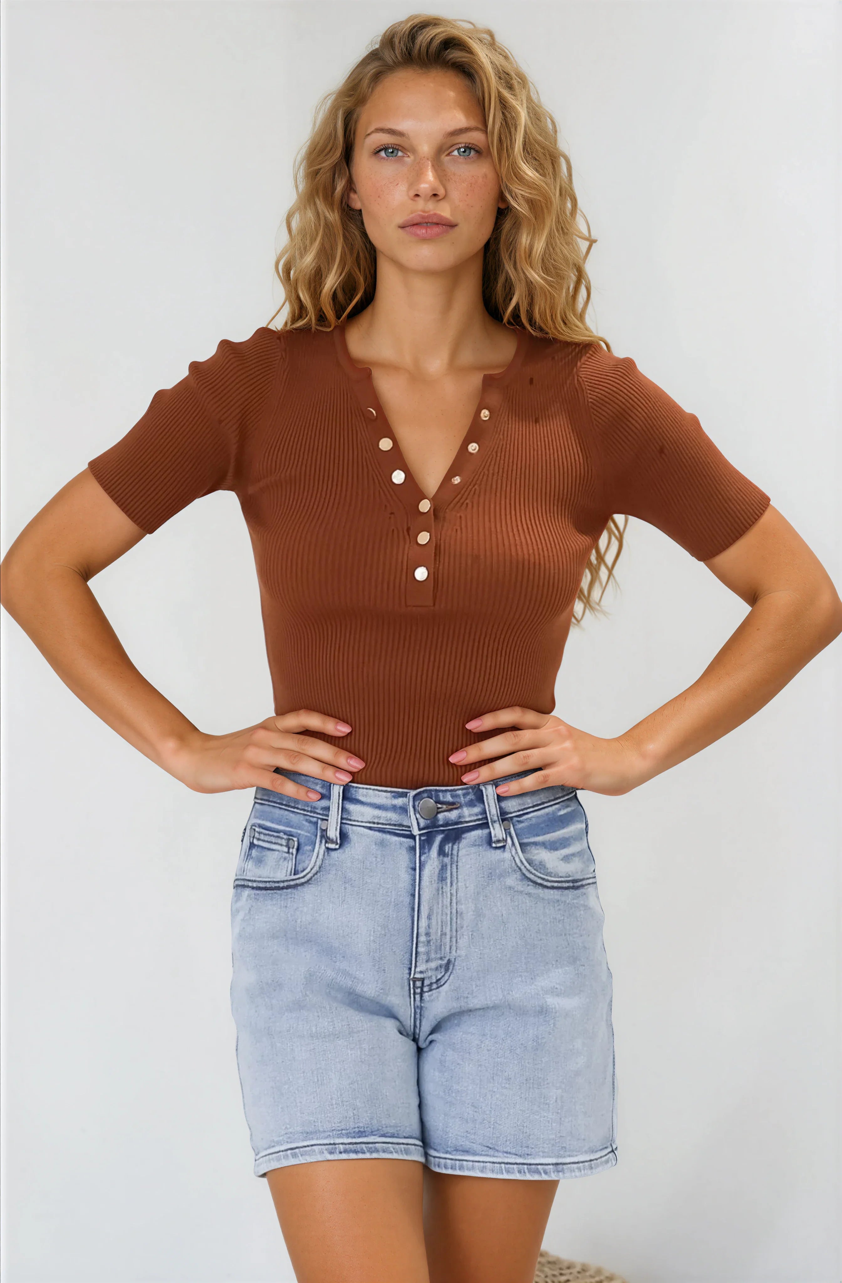Zian Knit Top - Gold Button Neckline Ribbed Knit Top in Rust