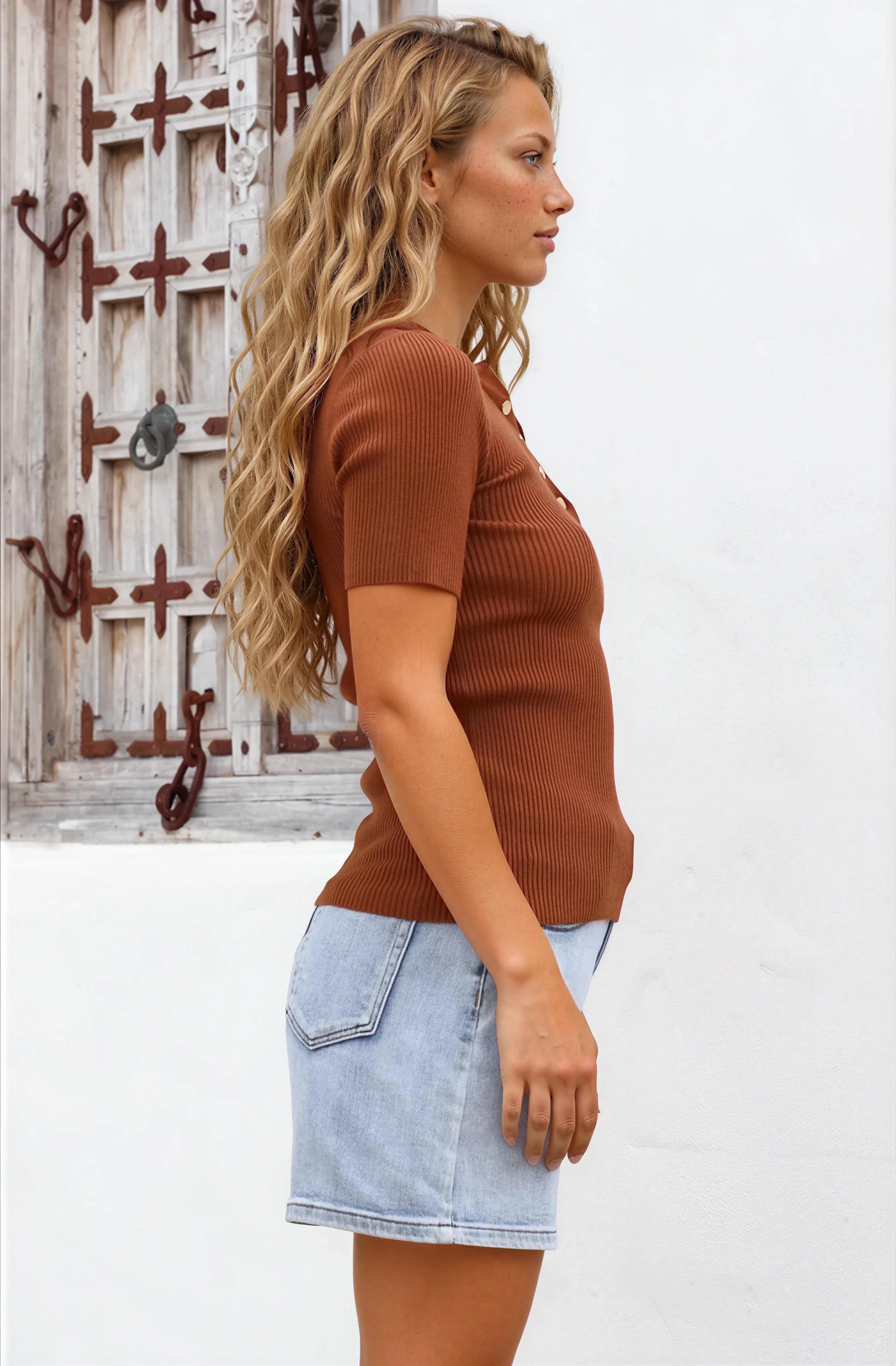 Zian Knit Top - Gold Button Neckline Ribbed Knit Top in Rust