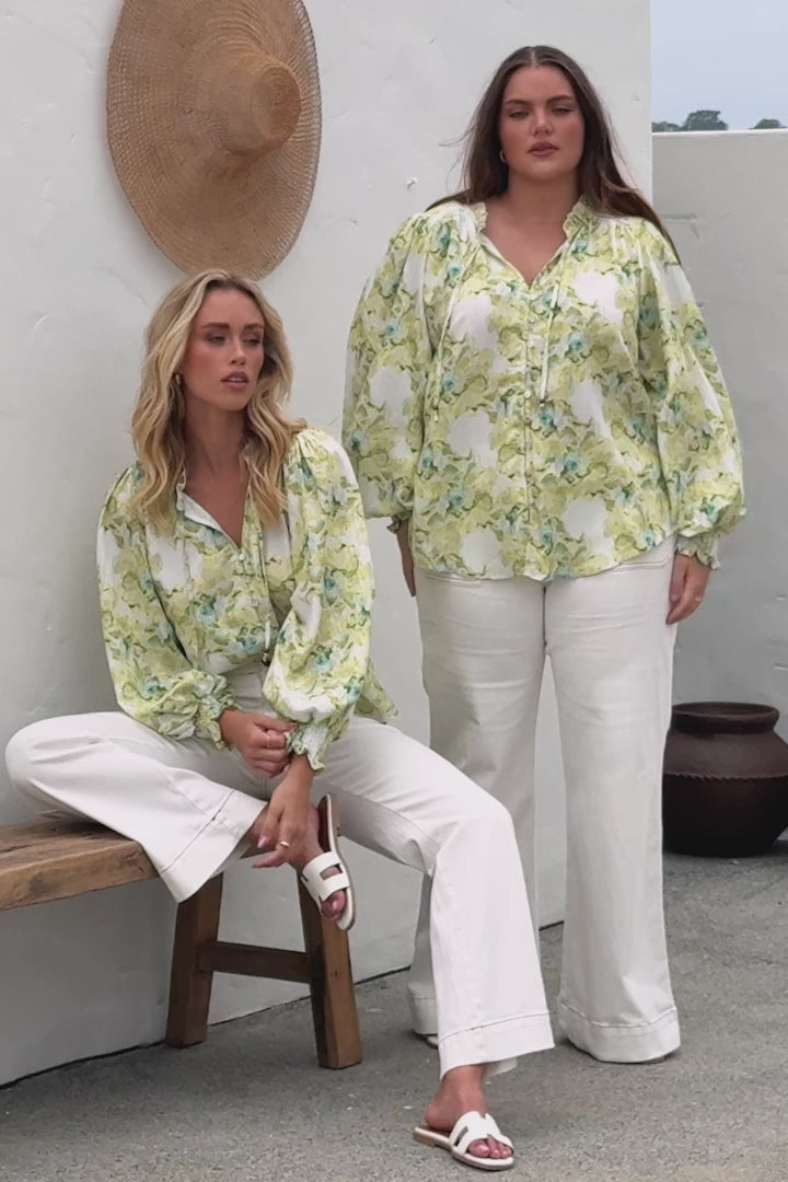 Moree Blouse - Frill Collar Neck Tie Button Down Shirt in Franc Print Lime