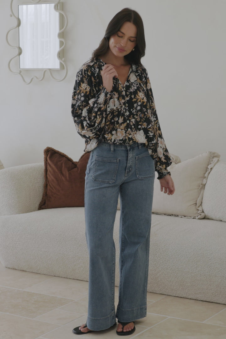 Moree Blouse - Frill Collar Neck Tie Button Down Shirt in Sorrento Print Black