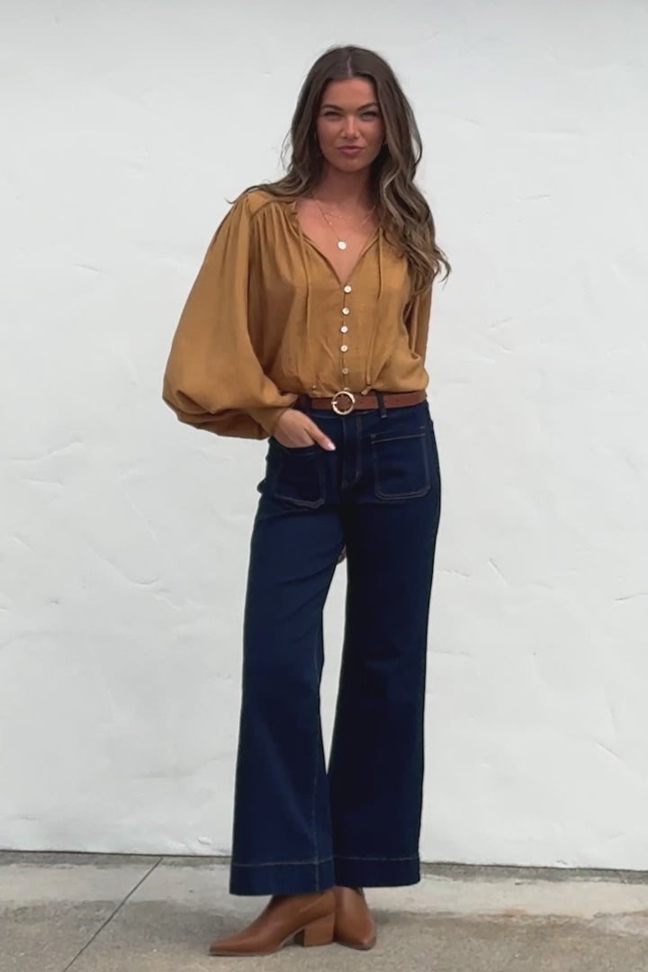Perrio Blouse - Frill Collar Button Down Balloon Sleeve Shirt in Tan