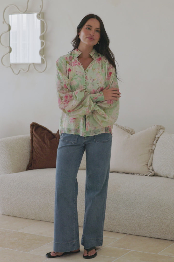 Faye Blouse - Mandarin Collar Balloon Sleeve Button Down Shirt in Rosemarie Print