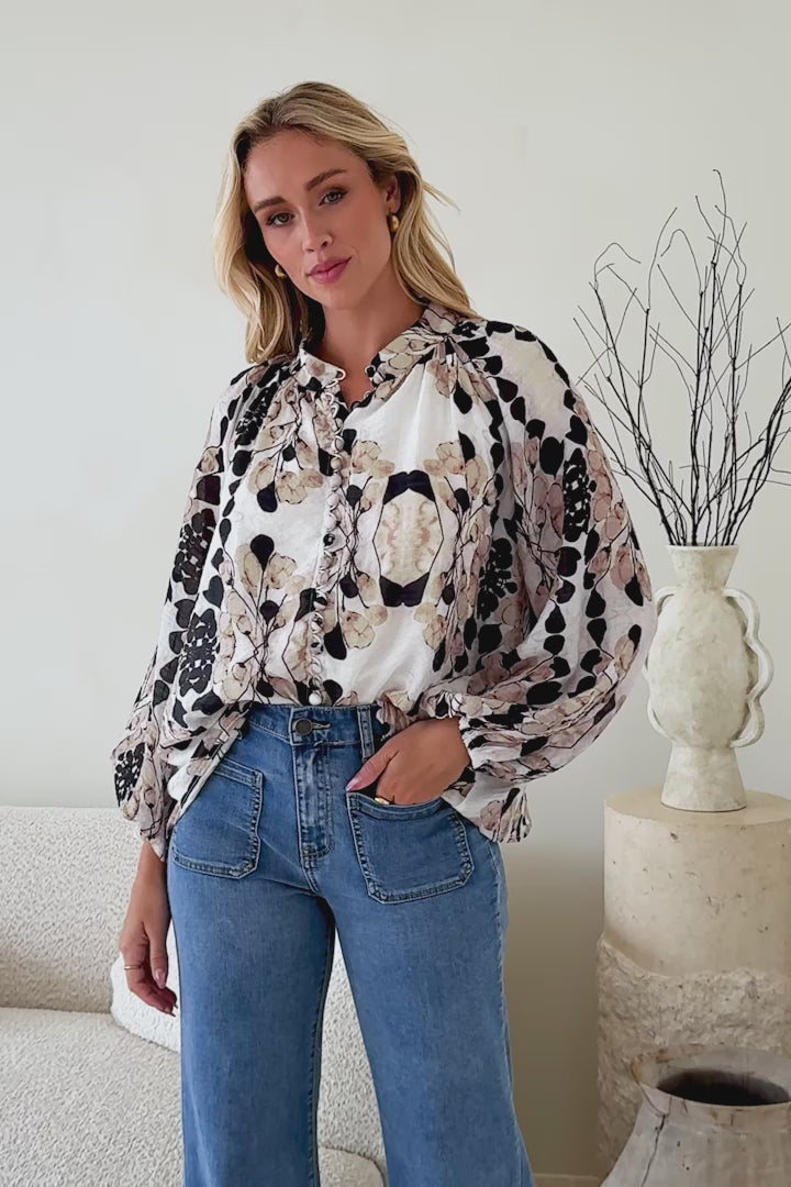 Portia Blouse - Button Down Mandarin Collar Shirt in Calea Print Beige