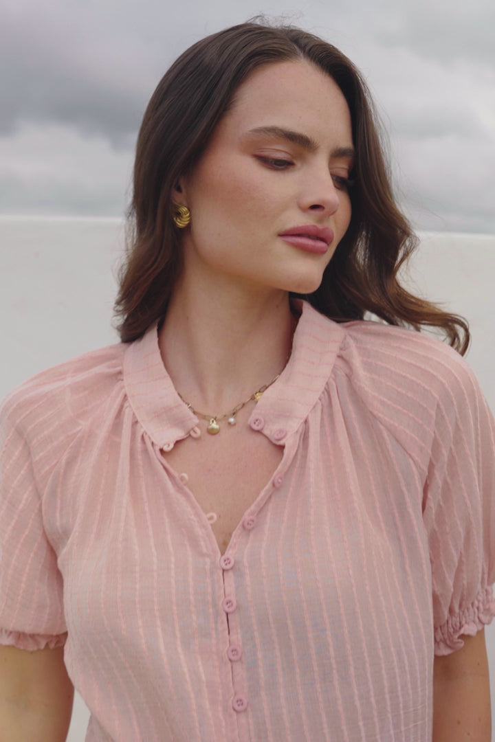 Luella Shirt - Subtle Textured Stripe Button Down with Puff Sleeves in Pink