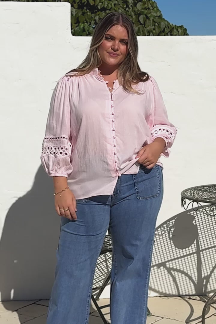 Alyce Shirt - Mandarin Collar Cut Out Detailed Sleeve Button Down in Pink