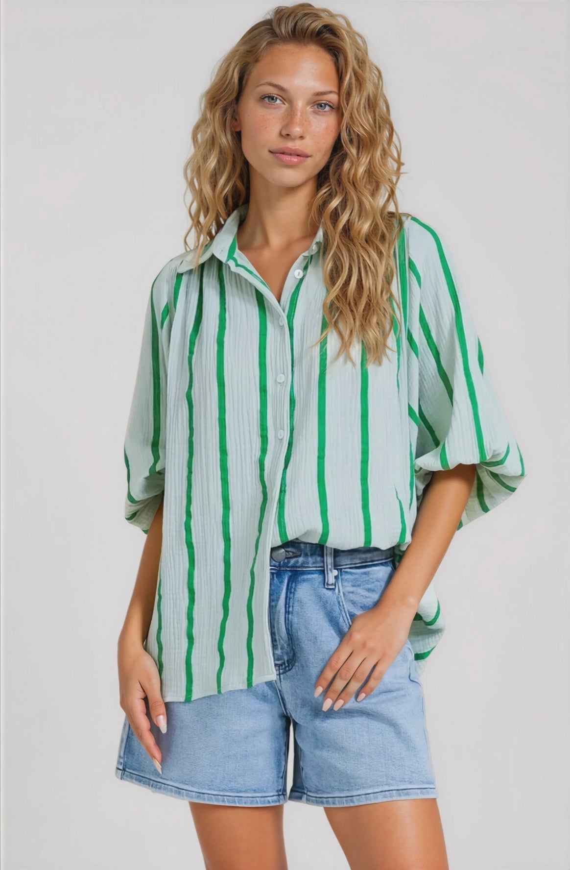 Samsara Shirt - Collared Oversized Button Down with Balloon Sleeves in Green Stripe
