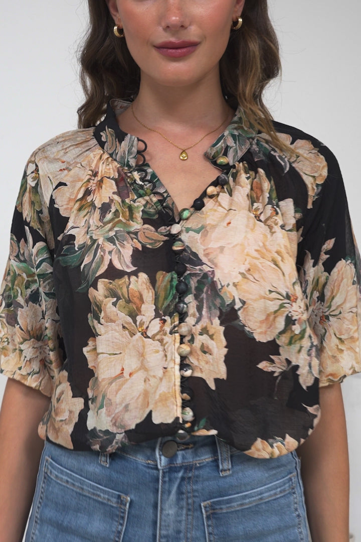 Natalia Blouse - Button Down Mandarin Collar Shirt in Kirah Print Black